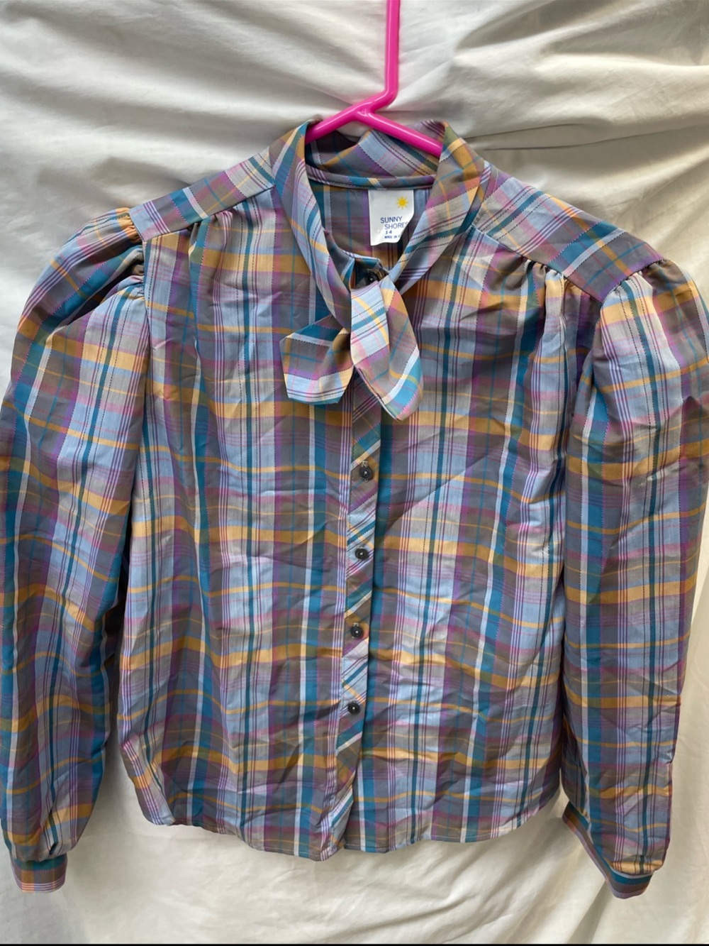 Vintage Sunny shores Multicolor Plaid Puff-Sleeve Bow Blouse sz 14